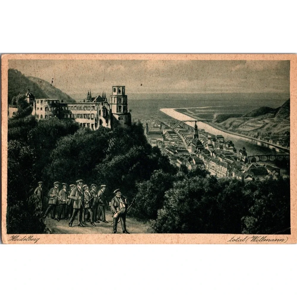 Vintage Heidelberg‎ Germany Postcard Featuring Cityscape and Soldiers 1934
